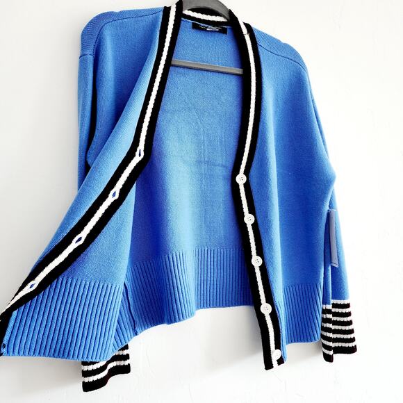 French Connection Blue & Brown V-Neck Button Down Cardigan Sweater Size Large - Picture 4 of 5